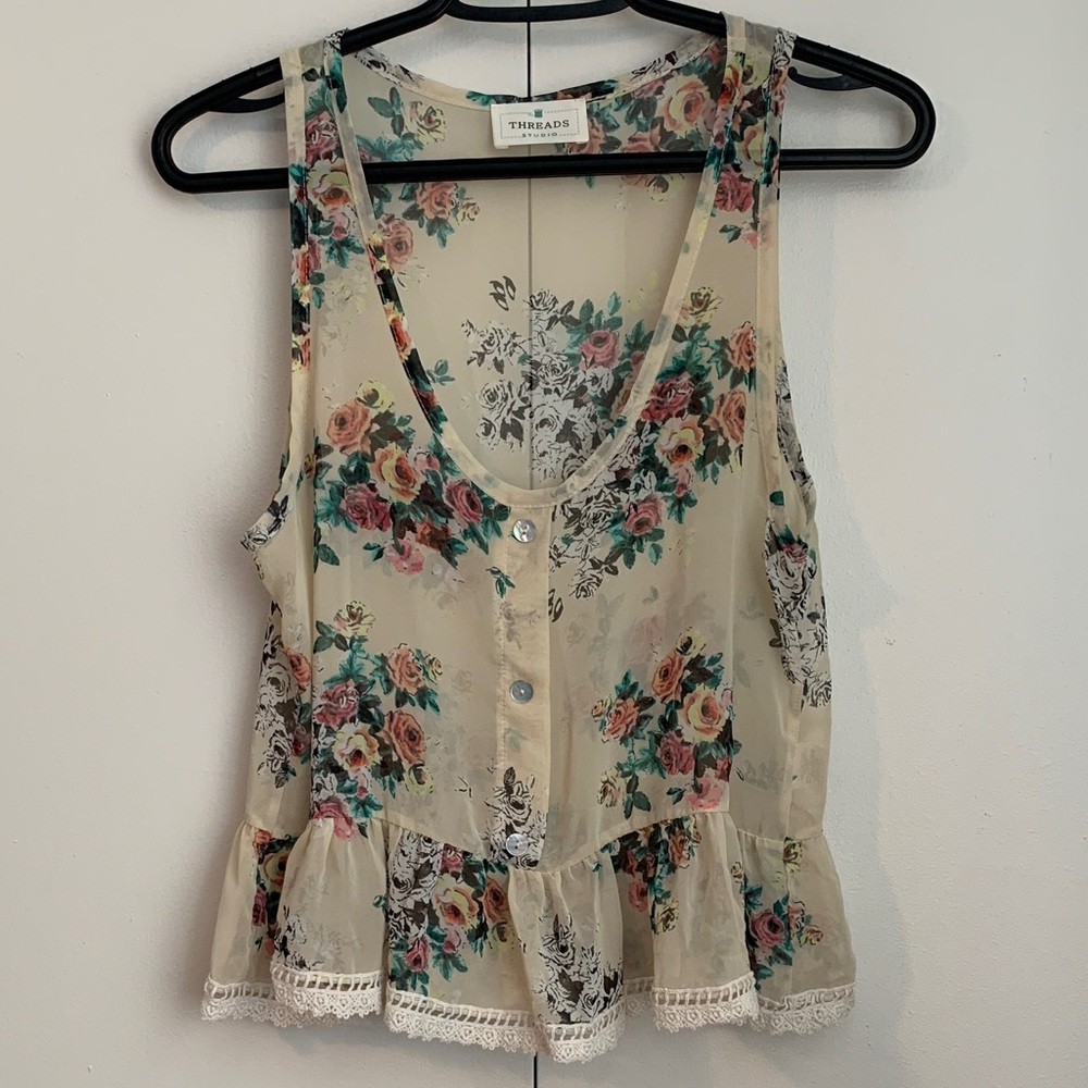 Threads Studio Cream Floral Lace Trim Peplum Sheer Sleeveless Crop Top Size S
